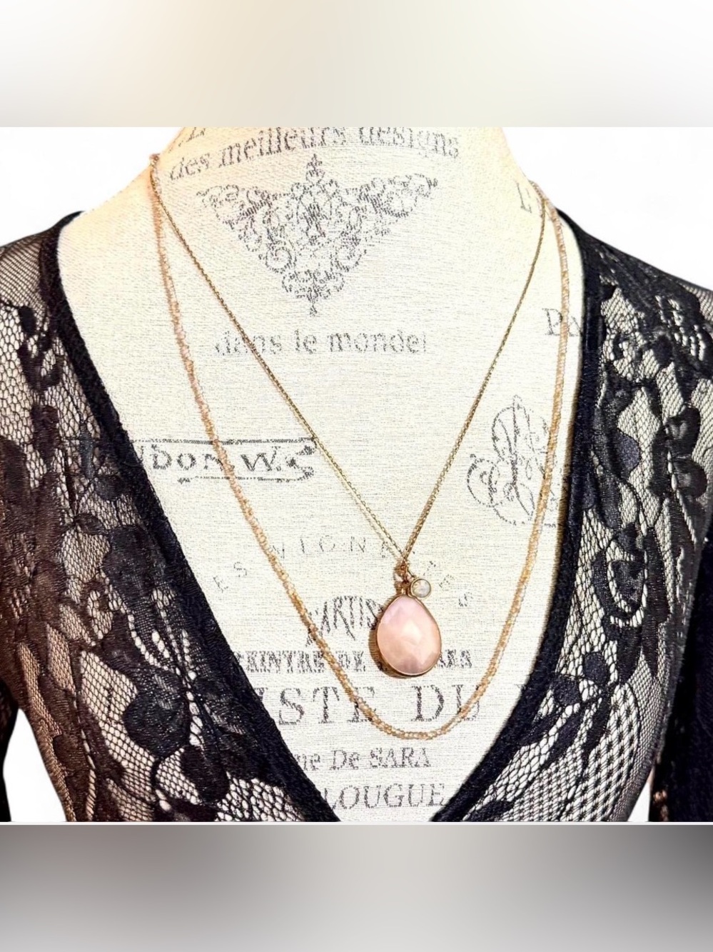 LOFT Gold Layered Necklaces featuring a Rose Quartz Teardrop Pendant
